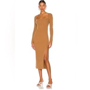 REVOLVE The Sei Square Neck MIDI Dress Tan Brown Ribbed Long Sleeve